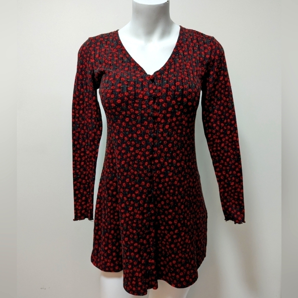 🔥 Host Pick 🔥 TOPSHOP Petite Red Floral Ribbed Long Sleeves Mini Dress Size 6